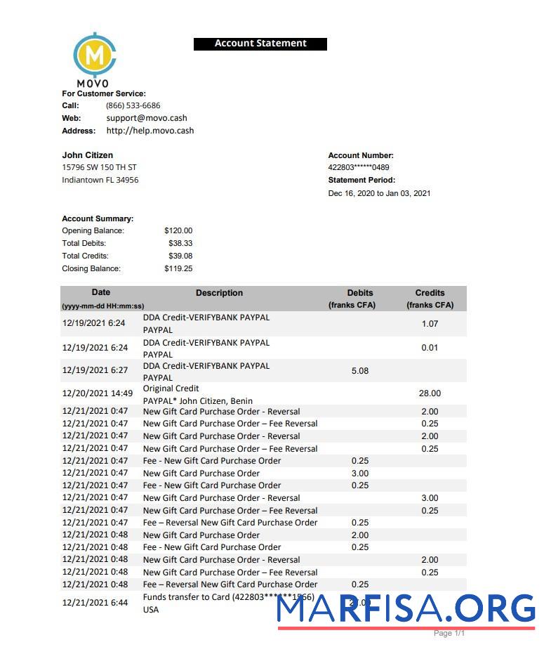 Blank USA MOVO bank statement excel download for verification